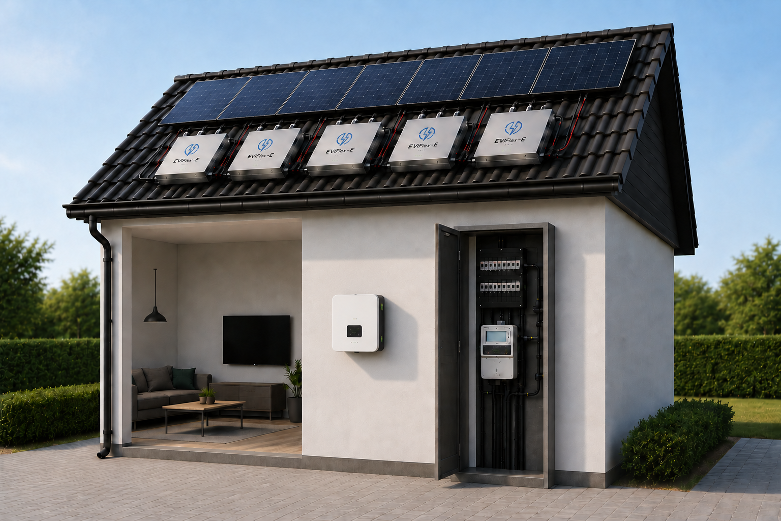 Huis met zonnepanelen en EVIFlex-E batterijen op het dak, één omvormer, meterkast en EMS — met de energiecircuits ertussen.